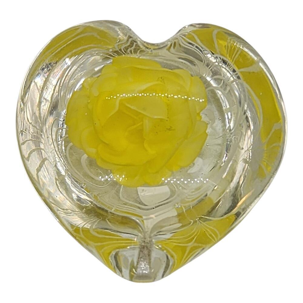 Art Glass Heart Paperweight Yellow Rose Flower Clear Swirl Decor M Design Art